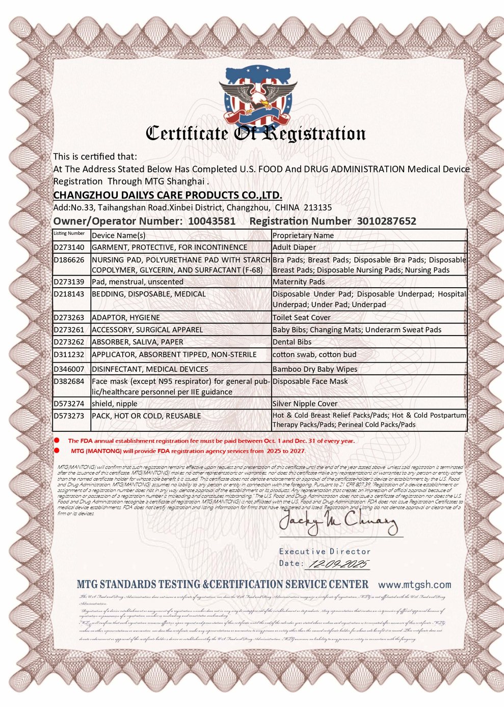 FDA registration historical certificate
