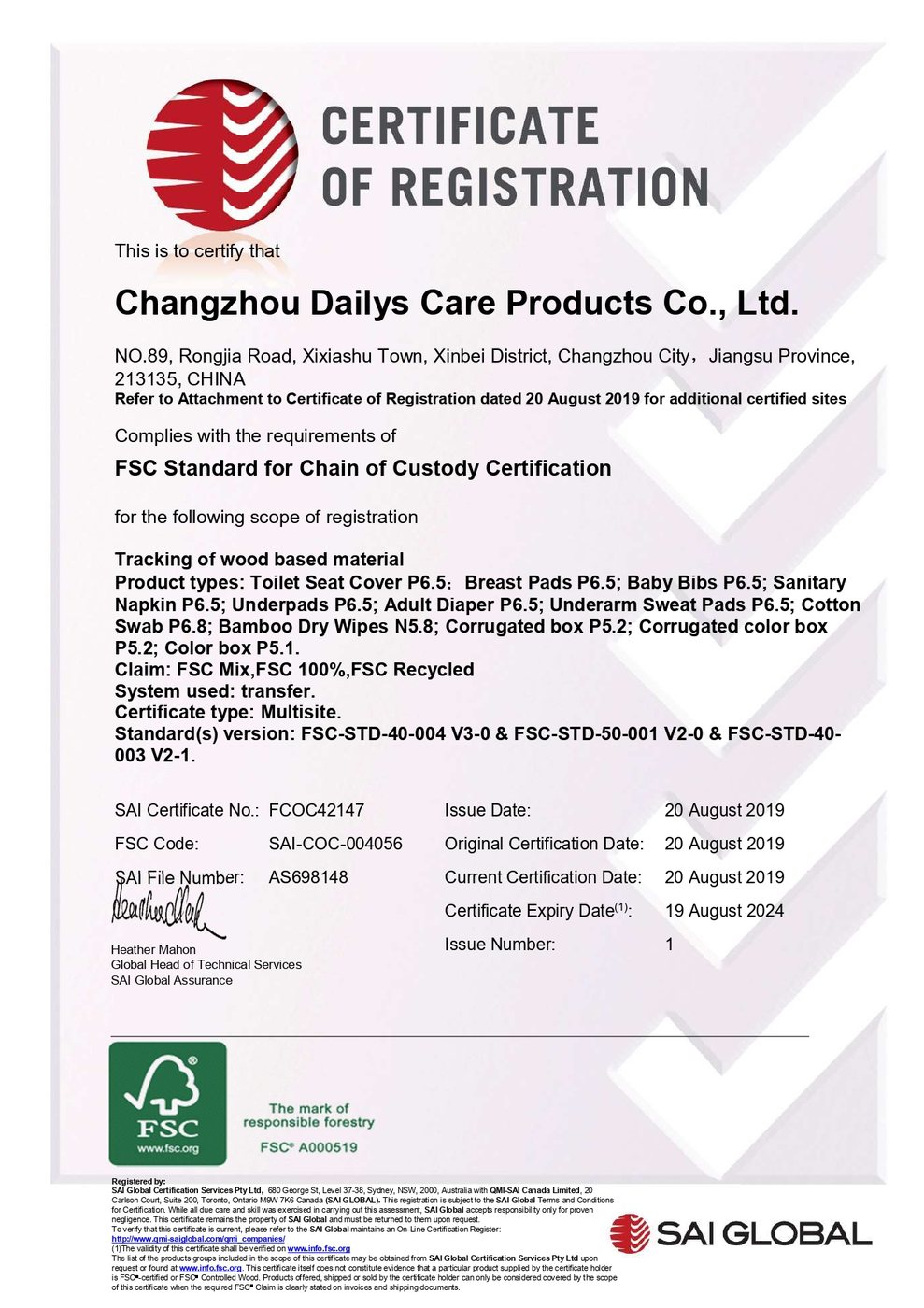 FSC Chain of Custody multisite certificate