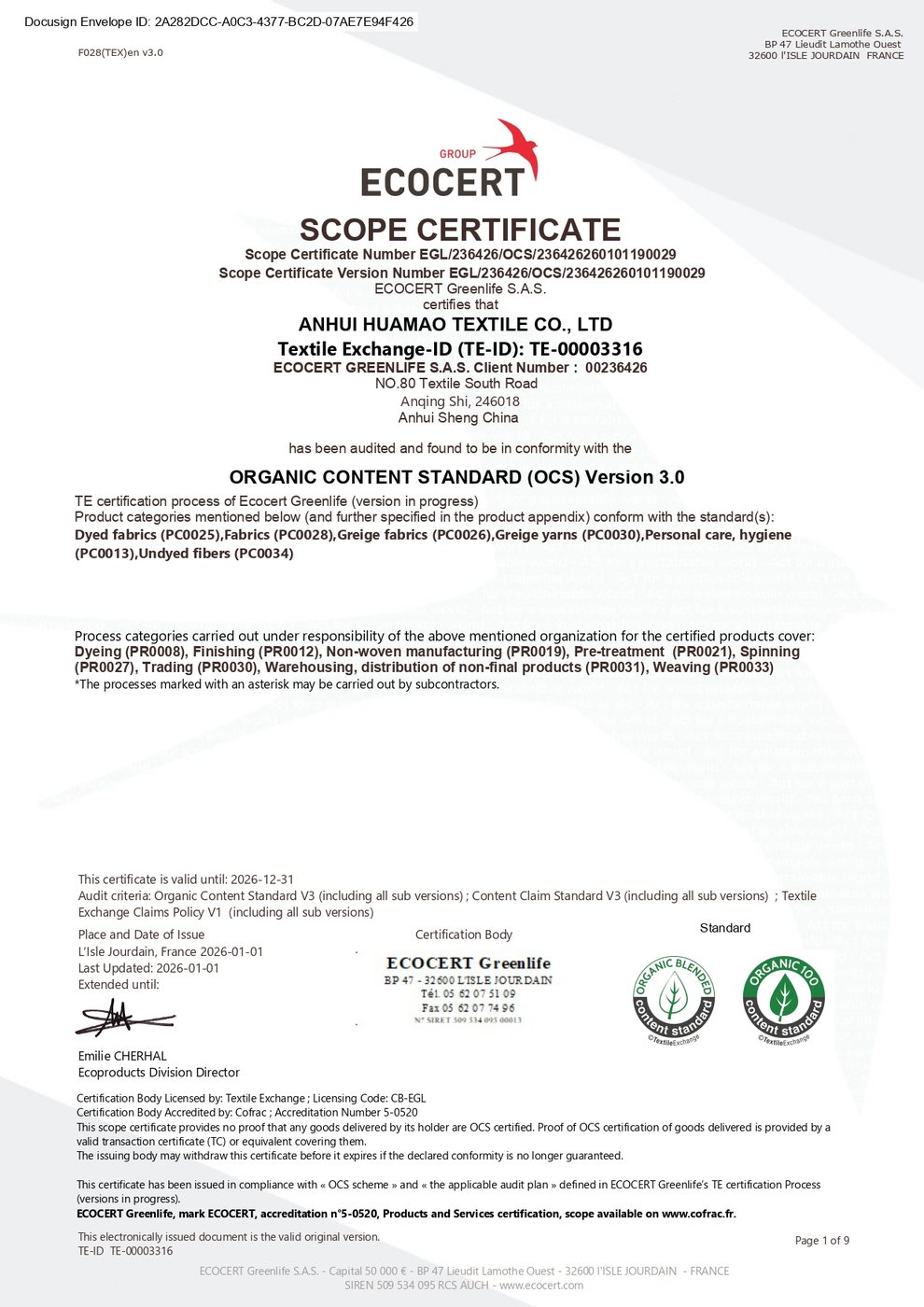 Organic Content Standard scope certificate