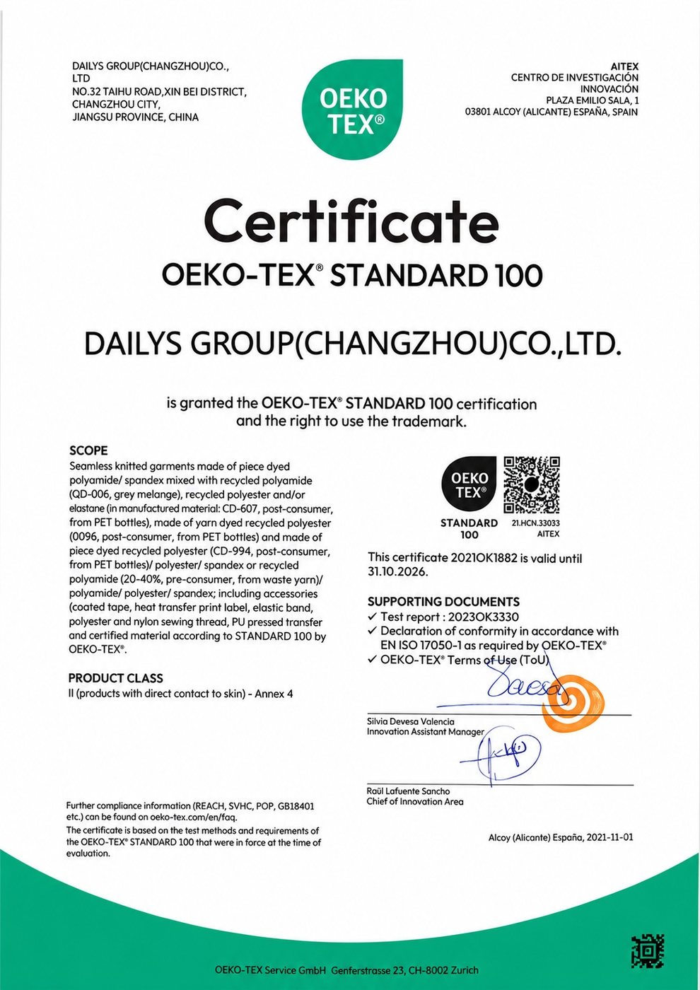 OEKO-TEX Standard 100 certificate