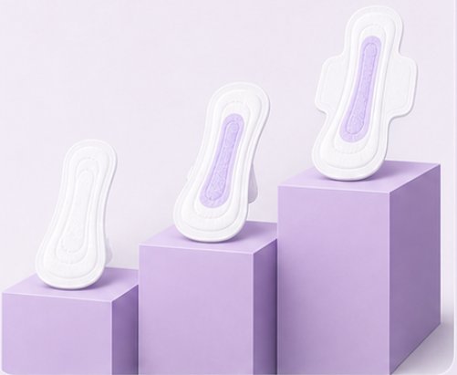 Sanitary pads lineup on purple displays