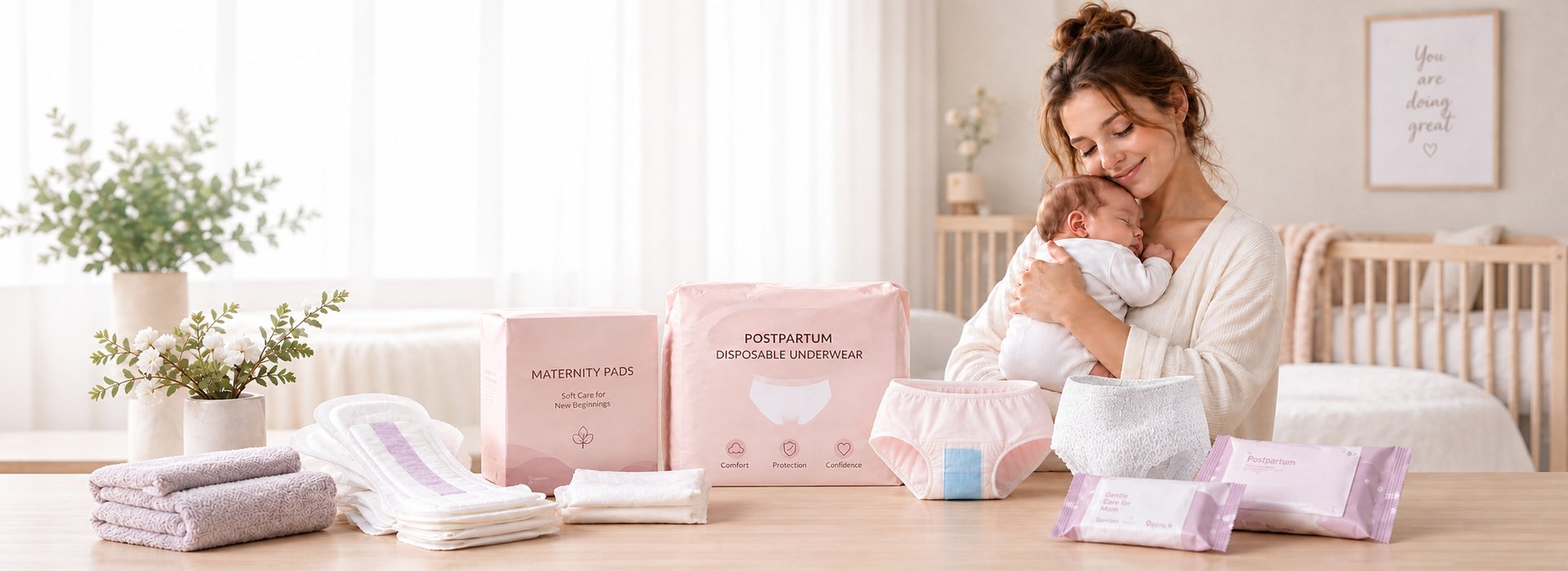 Postpartum care products banner with mother and baby
