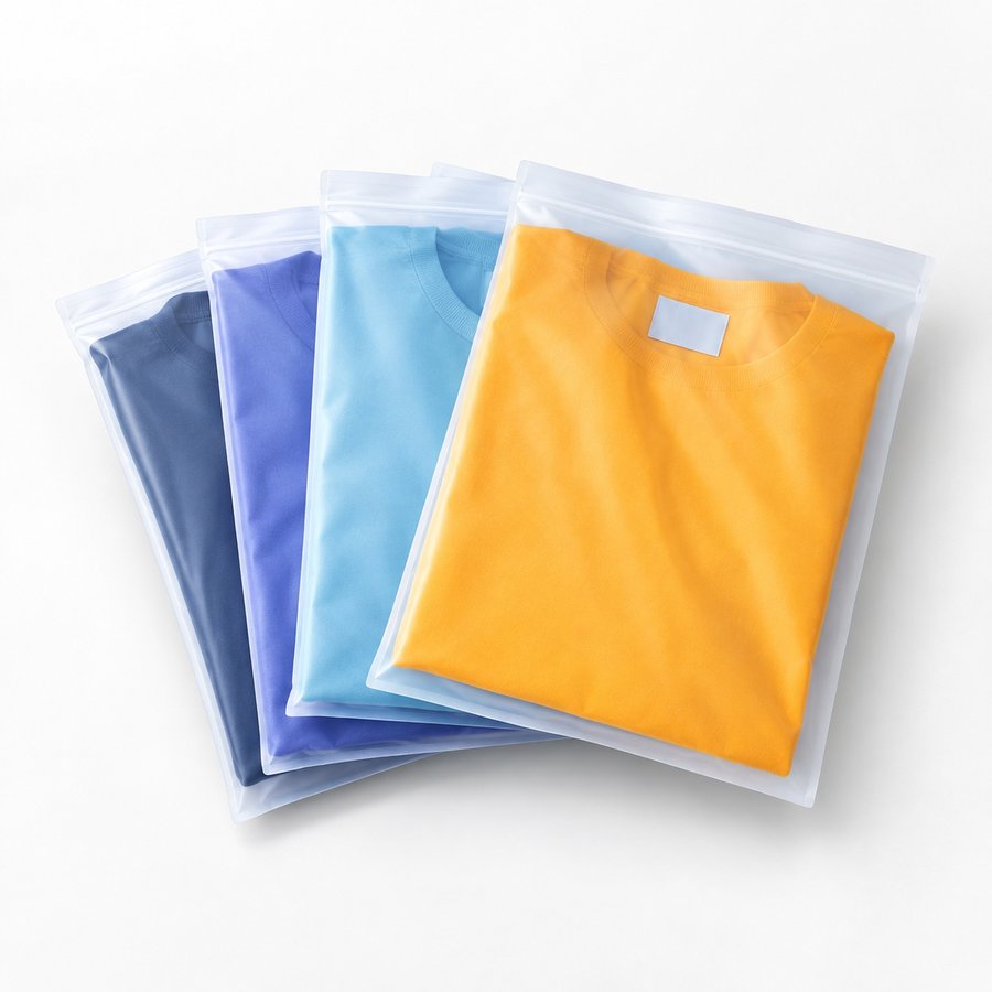 Colorful garments packed in zip bags