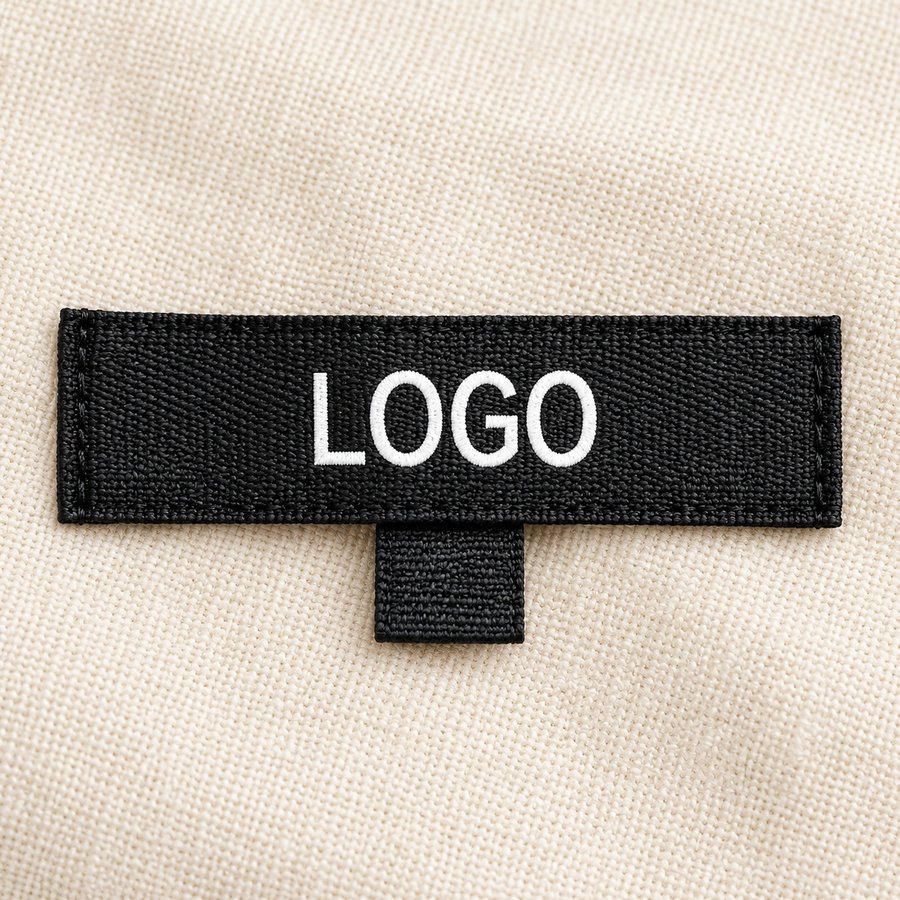 Black fabric label with white logo