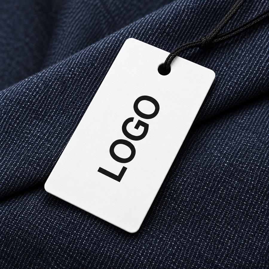 Minimal logo hangtag on denim