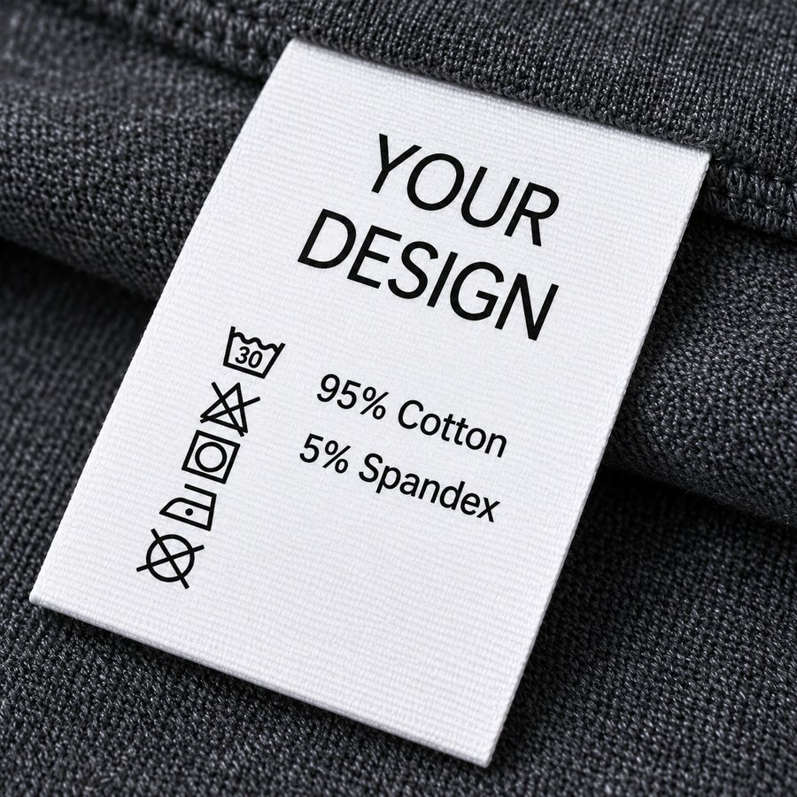White garment label on grey knit