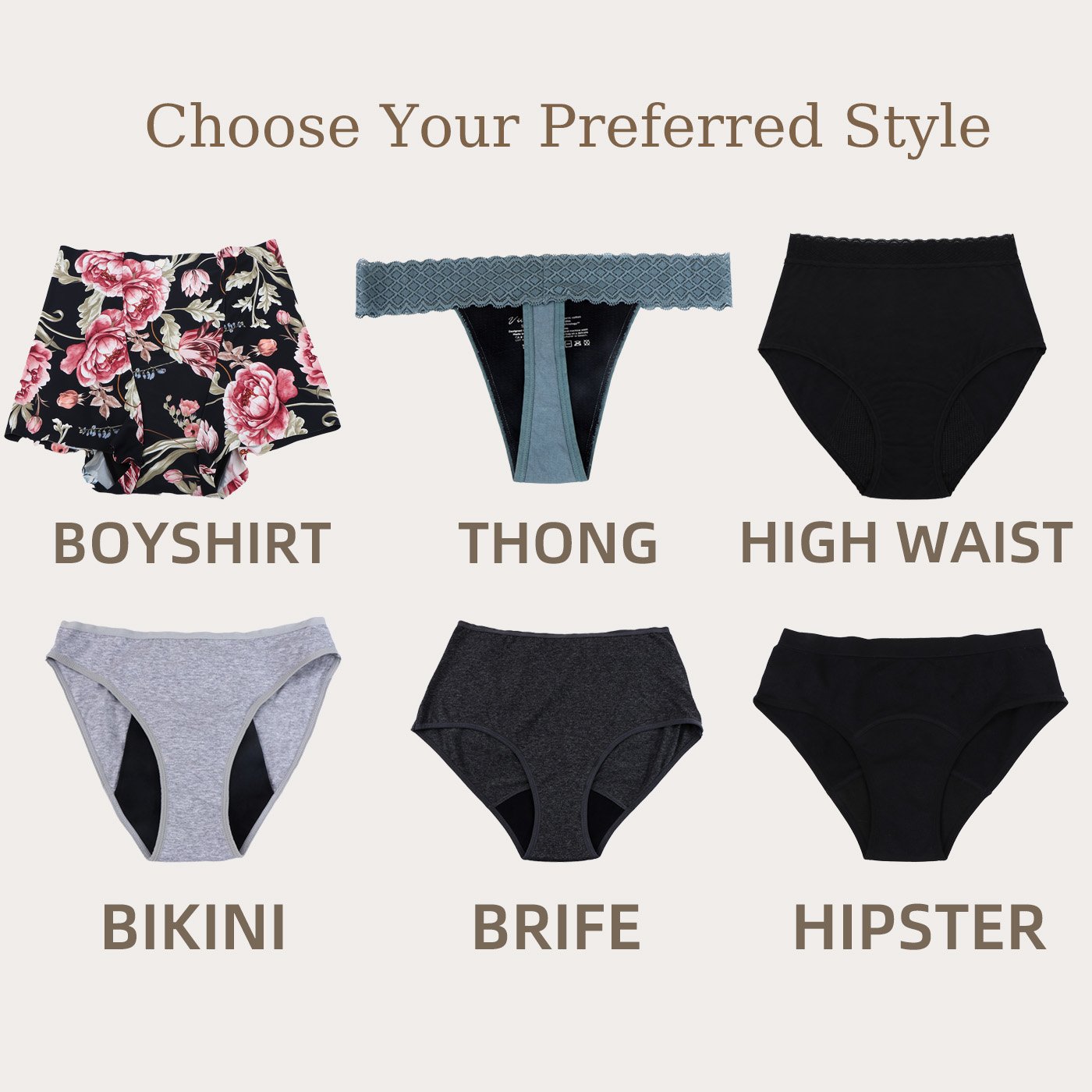 Six washable period underwear styles